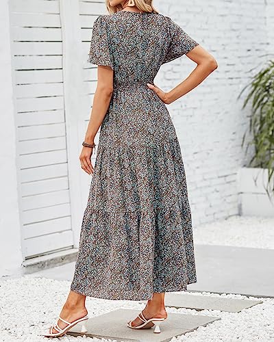 Image of PRETTYGARDEN Women's Casual Smocked Boho Floral A-Line Maxi Dress 2026 | Summer Short Flutter Sleeve Crewneck Tiered Long Sundress,Fall Wedding Guest Dresses,Spring Cute Flowy Beach Vacation Clothes