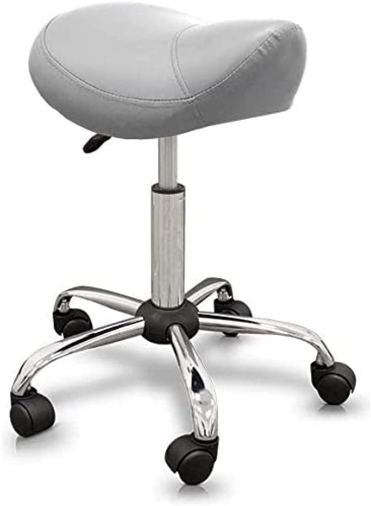 QUIRUMED Sgabello tipo Pony QUIRUMED, ergonomico, con base in acciaio, colore argento, rivestimento in similpelle, altezza regolabile, sedile imbottito, ruote piroettanti, fino a 150 kg
