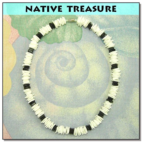 Native Treasure Mens and Womens Summer Beach Tropical Necklace From the Philippines, White Rose Clam Chips Ark Shells with Black Clam Chips Accents2