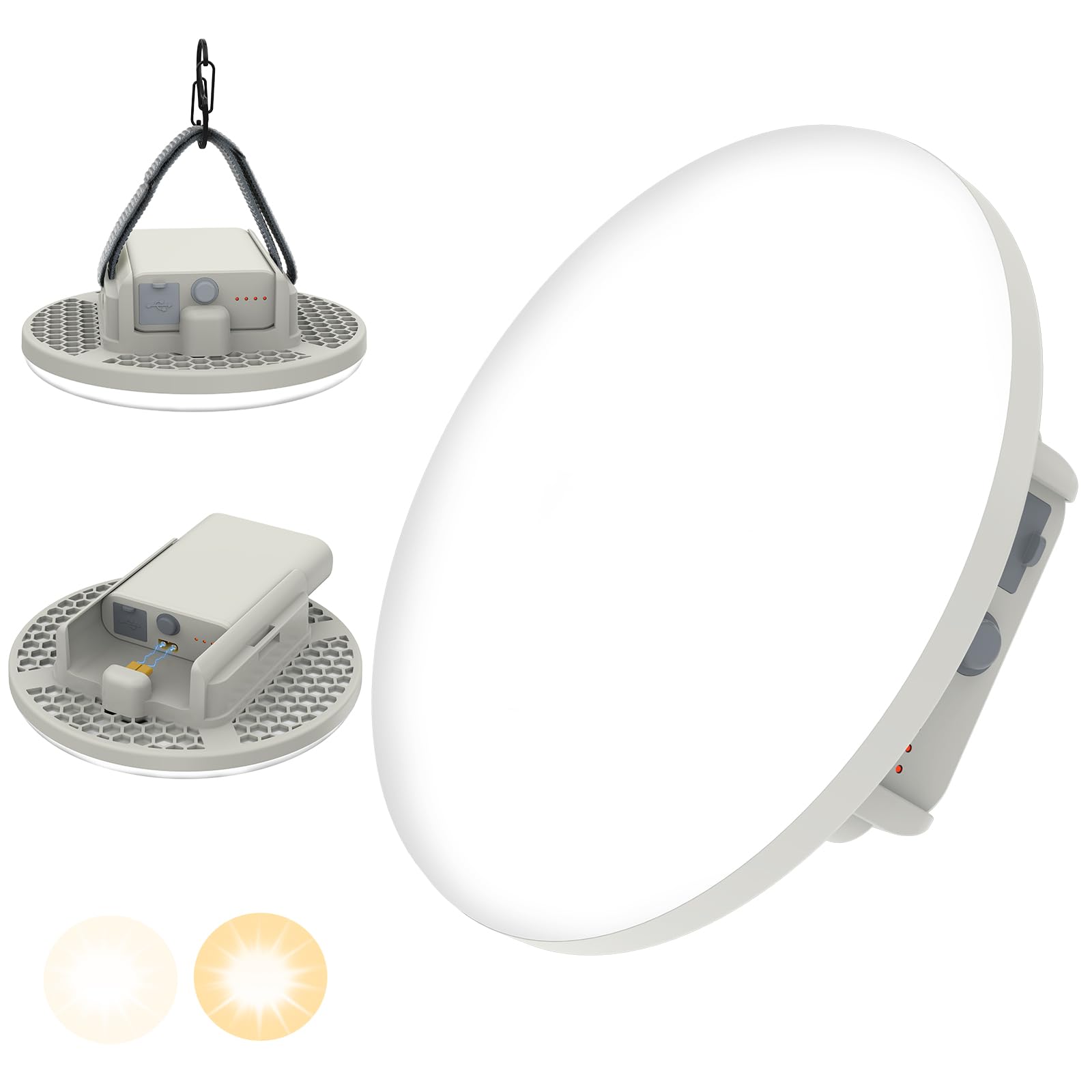 Lampada da Campeggio Ricaricabile 7200mAh & Batteria 2 in 1, Luce Campeggio con Luce Calda e Fredda, Regolazione Continuata della Luminosità, Lampade Ricaricabili con Cinghia a Gancio e Moschettone