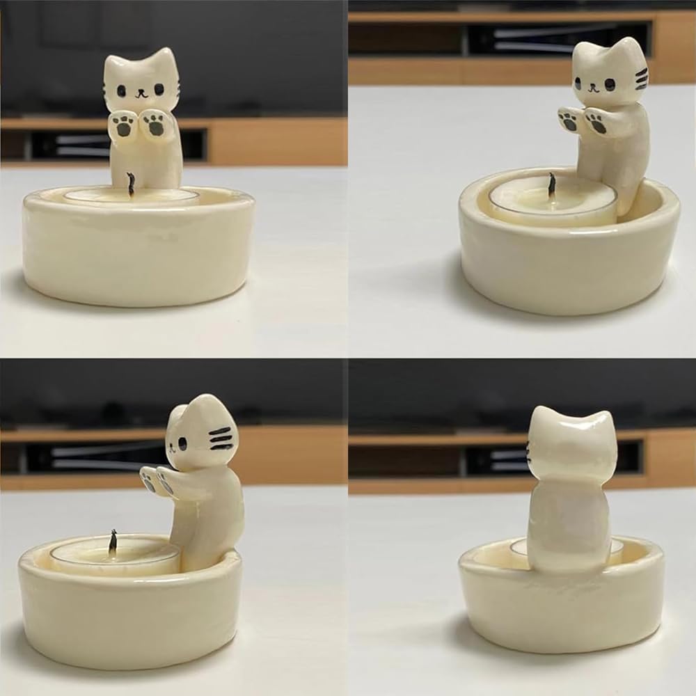 Photophores en Résine en Forme de Chat avec Pattes Chauffantes Décoration Chaton Bougeoir Décoratif
