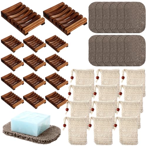 Baderke 36 Pcs Soap Saver Set for Packaging Gift Including Wooden Dish Holder Exfoliating Bag with Drawstring Soap Pads for Bar Wedding Baby Shower Homemade Gift (Brown Color)