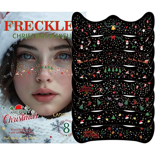 8 Pcs Christmas Face Temporary Tattoos Ren Green and White Glitter Freckles Face Tattoo for Kids and Women Waterproof Christmas Accessories Face Makeup for Party Supplies