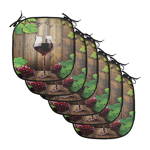 Lunarable Winery Chair Cushion Pads Set Of 6, Wine Glasses And Grapes Rustic Wood Planks Alcoholic Drink Gourmet Taste, Anti-Slip Seat Padding For Kitchen & Patio, 16"X16", Brown Green Burgundy #TOP21