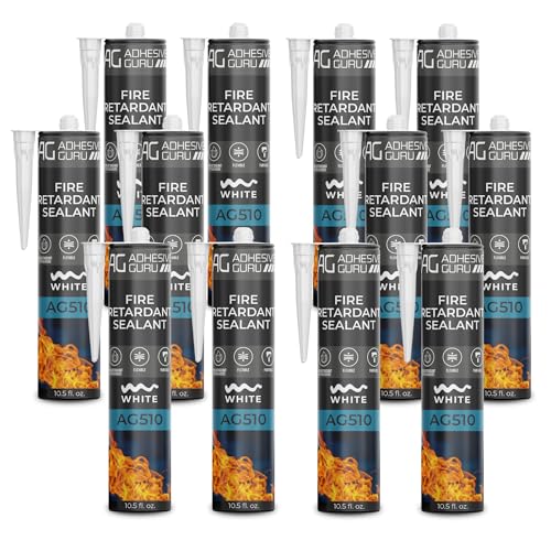 Adhesive Guru AG510 - Fire Retardant Sealant (12x10.5 fl oz), Non-Flammable Heat Resistant Silicone Caulk, Up to 4 Hours Fire Resistant, High Temperature Sealant Solution, White - 12 Pack