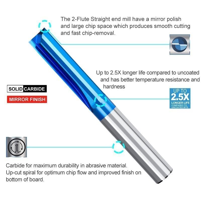 Fresa de 2 flautas, fresa de extremo recto, vástago de 3.175-12mm, broca enrutadora CNC, fresa de carburo for carpintería, 1 ud.