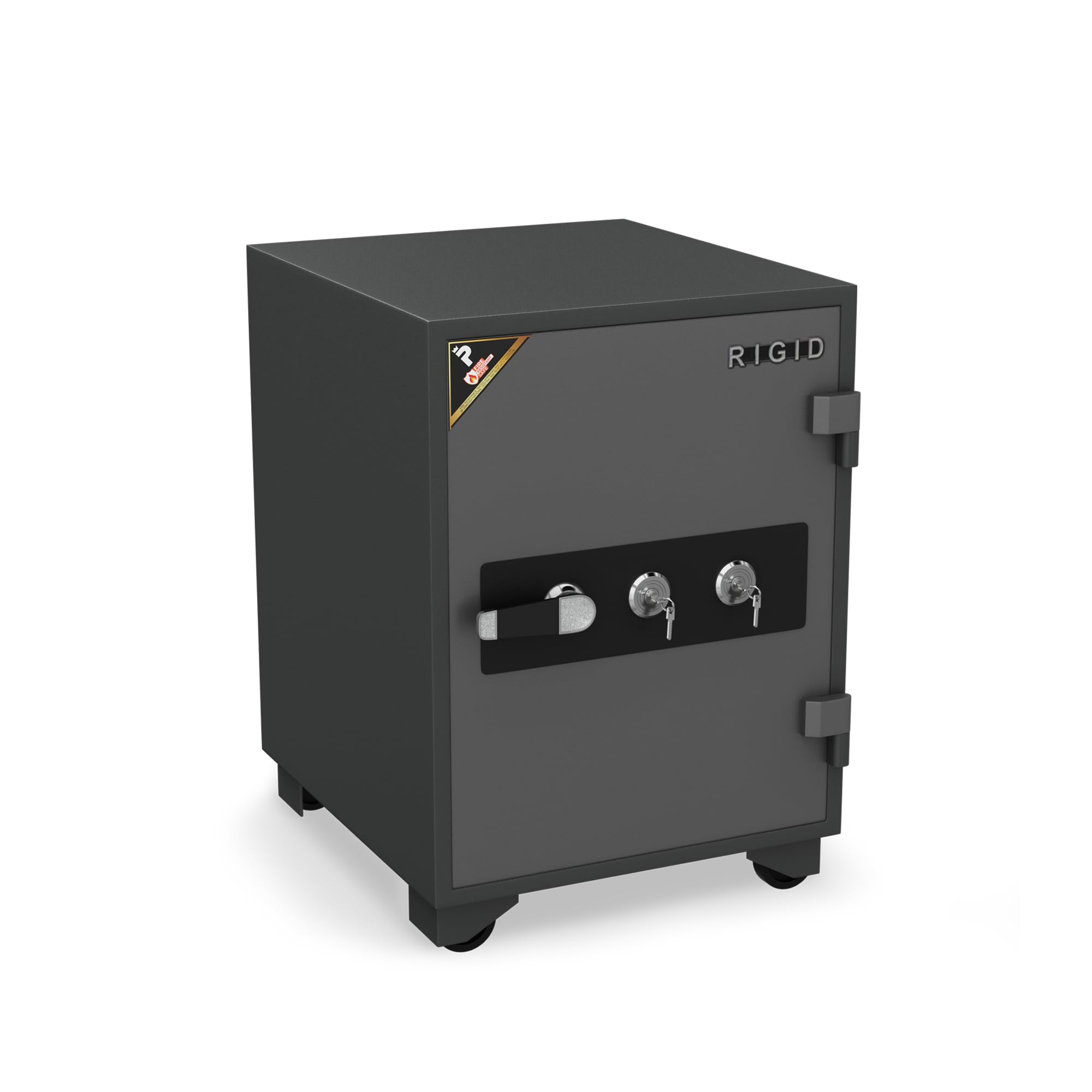 RIGID 64L Fire Resistant Safe | 60 Min/945°C NT FIRE 017 Rated | Dual Key Lock Steel Safe Box with Drawer & Wheels | 5-Layer Protection & Adjustable Shelf for Office & Home (55D x 50W x 70H CM, Grey)