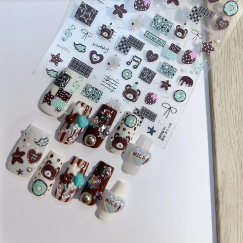 Image of Chestnut Bear Nail Stickers 5D Embossed Nail Art Decal Cartoon Nail Charms | Fall Nail Decals with Music Notes, Plaid, Donut & Star Patterns, Design Self-Adhesive Stickers, for Women Daily DIY Manicure