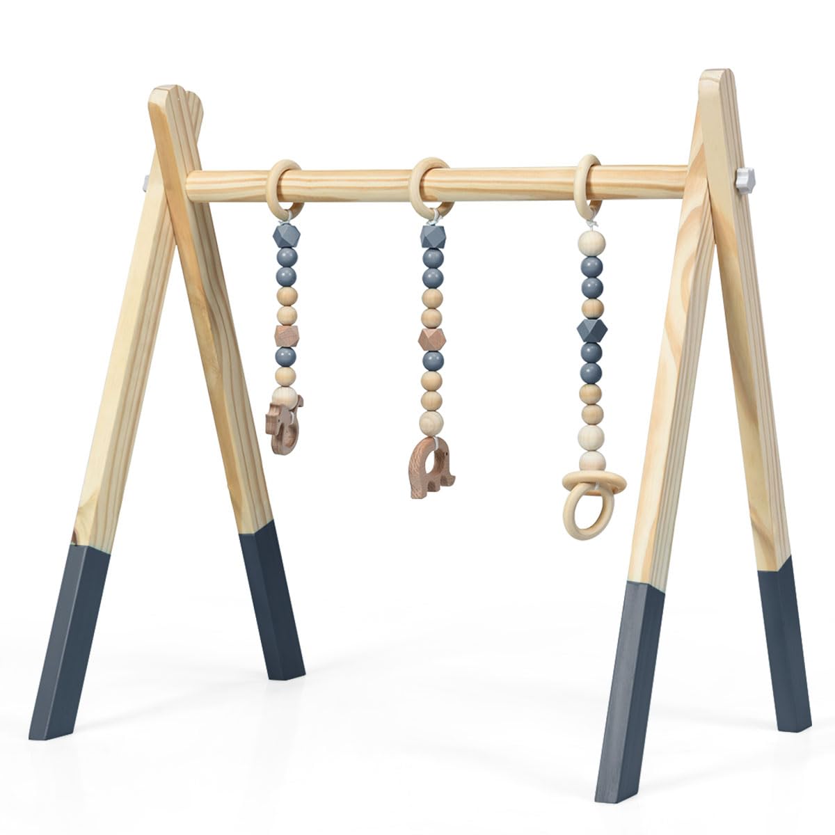 DREAMADE Spieltrapez aus Holz, Motorikspielzeug für Babys, Spielbogen mit 3 Spielzeugringe & 2 Kleinen Tiermodellen, Aktivitätszentrum mit Dreieckigen Struktur, für Kinderzimmer (Grau)