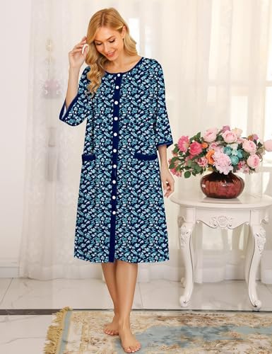 Image of Bloggerlove House Dress Women Cotton Snap Front Nightgown 3 /4 Sleeve Housecoat Duster Robe with Pockets Moomoo Patio Dress