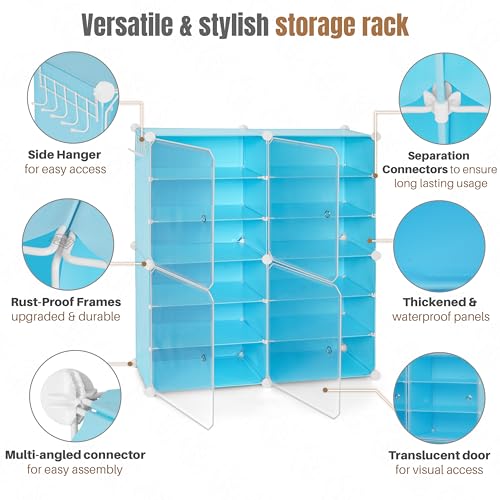 Image of ABOUT SPACE Plastic Shoe Stand with Hanger & Door for Home - Portable,Expandable 4 Cube Shoe Stand for Boots,Heels - DIY 24 Pair Flipflop,Slipper Stand for Women,Men,Outdoor (BlUE) 300 x 800 x 900 mm