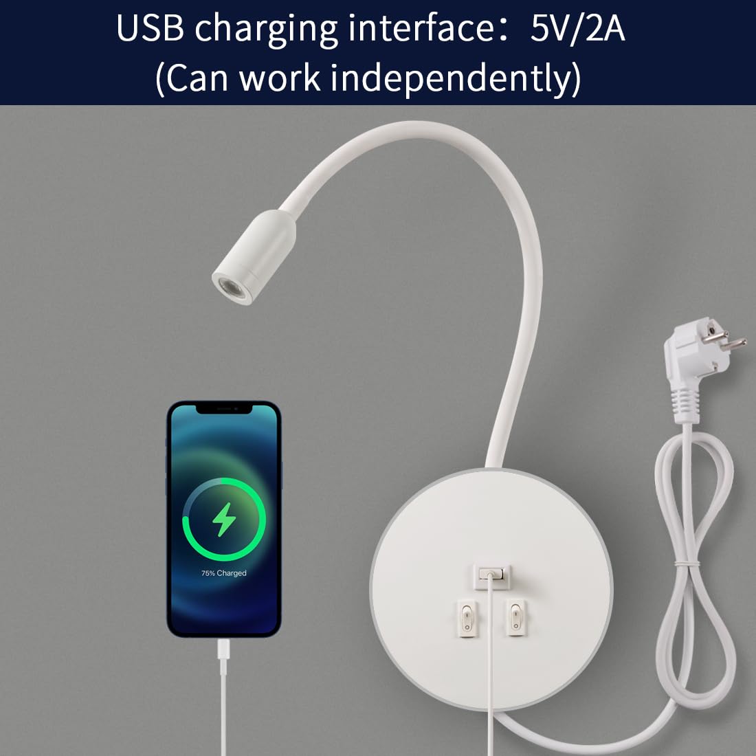 LED Kinkiet, gęsia szyja z Przełącznikiem, z portem ładowania USB, Obrotowa Lampka Nocna Nowoczesna Lampa do Czytania lampki Ścienna, 3W 3000K+8W 6000K do sypialni, Z kablem i wtyczką (Biały)