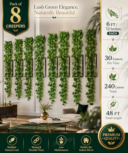 Image of Divyakosh Artificial Hanging Money Plant Creepers for Home Decor, 8 Silk Vines 6 FT, 240 Leaves, Hanging Plant, Decorative Leaves, Money Plant Artificial for Wall Door Balcony