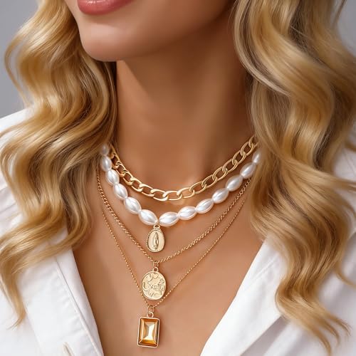Image of FAXHION 68 Pcs Gold Jewelry Set for Women with 7 Necklace, 17 Bracelet, 5 Hoop Earrings, 15 Stud Earrings, 24 Knuckle Rings for Women Jewelry Set for Women Gift