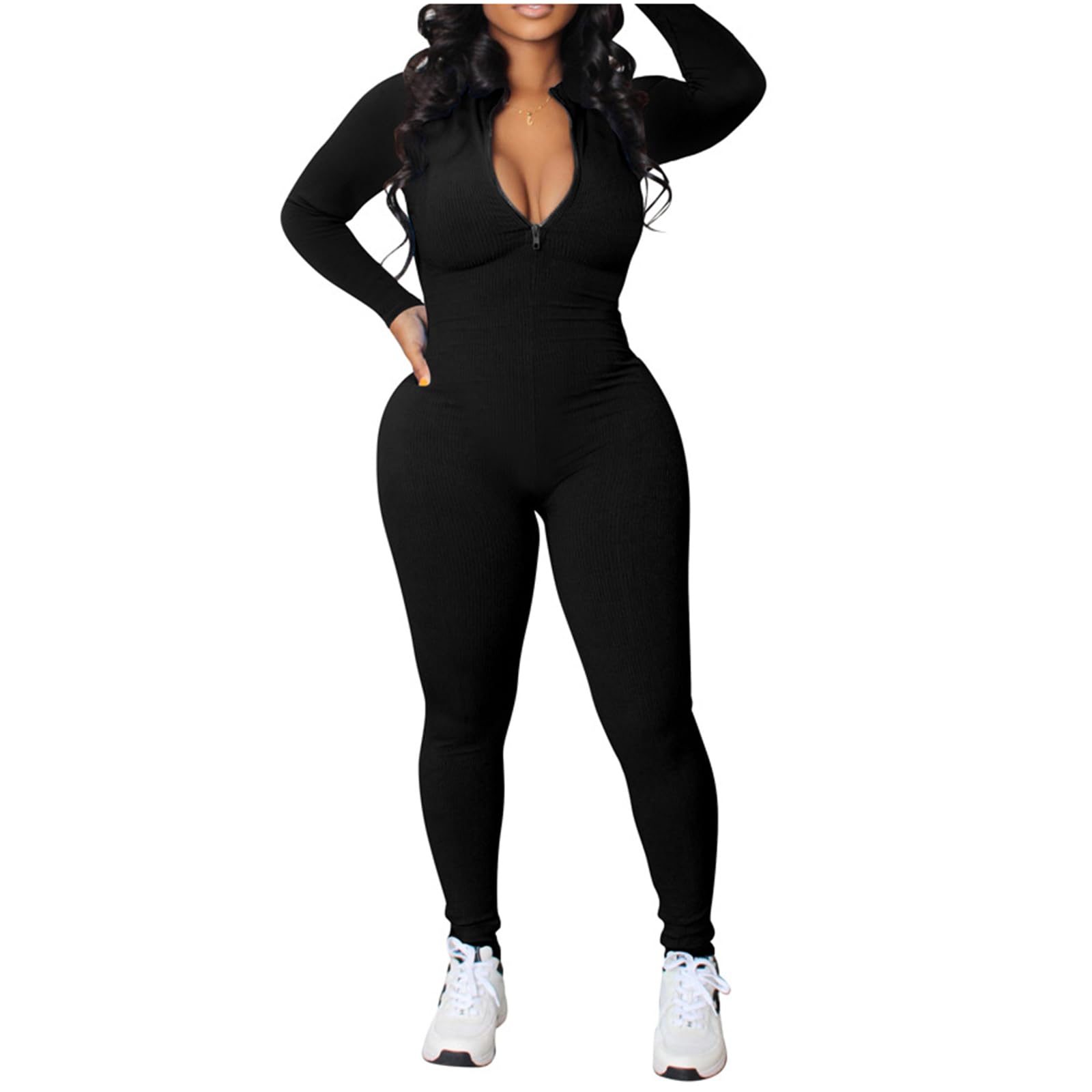 CFWSHJ Jednoczęściowe kombinezony dla kobiet z długim rękawem seksowne zapinane na zamek prążkowane Bodycon Casual spodnie Unitard pajacyki stroje Clubwear