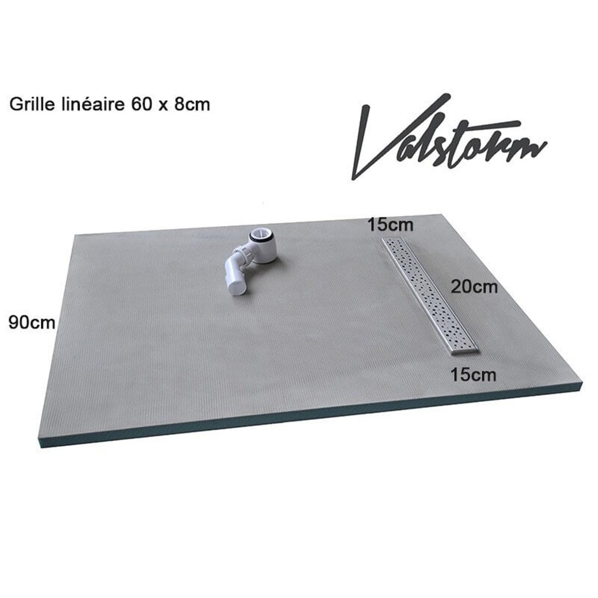 VALSTORM Plato de Ducha 150 x 90 x 3 cm Listo para azulejo con sifón + Parrilla Acero Inoxidable Flujo Lineal
