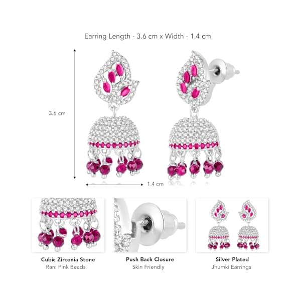 Peora Silver Plated Cubic Zirconia Crystal & Beads Studded Jhumki Earrings Jewellery for Girls & Women - Image 4