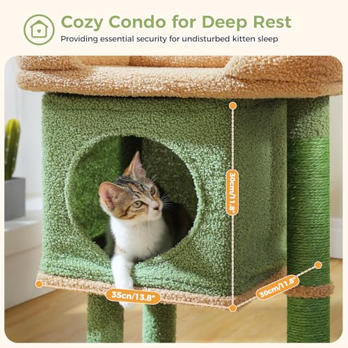 Image of PAWZ Road 26 inchCat Tower Cactus Cat Tree for Small Space | Cat Scratching Post with Large Perch 19x13 inch for 2 Small Cats,Cozy Cat Condo & Spring Ball Compact for Narrow Space & Corner