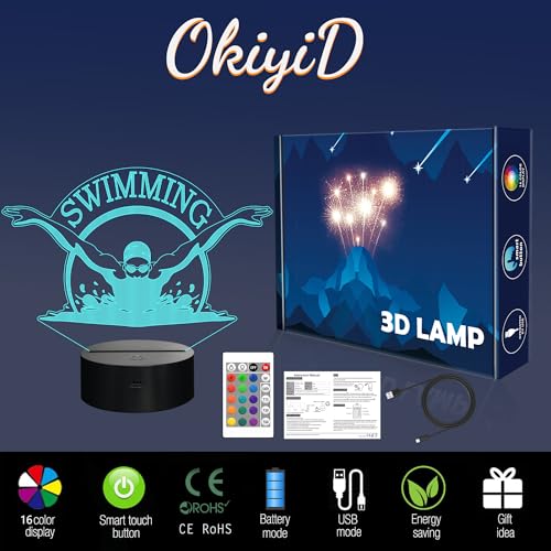 Image of OkiyiD Swimming Gifts for Boys Girls, 3D Illusion Lamp, 3D Swimming Night Light with 16 Colors Remote and Touch Control, Swimmer Natator Decor for Kids Room, Girls Birthday Gifts