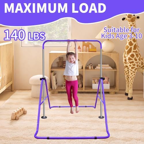 Expandable Gymnastics Bar for Kids, Height Adjustable Junior Training Bar with Rings, Folding Gymnastic Horizontal Bars Equipment for Home