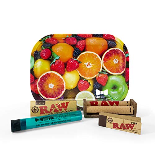 Bundle - 5 Items - Raw Classic 1 Â¼ Rolling Papers, 79mm Roller, Tips with Hippie Butler Mini Rolling Tray (Fruit) and Hippie Butler Kewltube