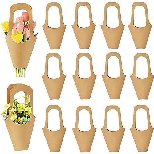 Enorteen 30 Pcs Kraft Paper Flower Wrapping Paper Gift Bags with Handle - Bouquet Gift Bags for Thanksgiving Birthday Wedding & Party Favors