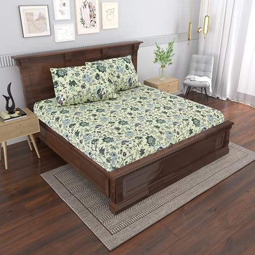 Image of Mafatlal Saanjh 144 TC Printed Cotton Bed Cover Double Bed 95x108 Inch | Air Circulation Weave | Soft Gentle Texture | Ethnic Look |Pillowcase Included | Pistachio Shell Refreshing Tone
