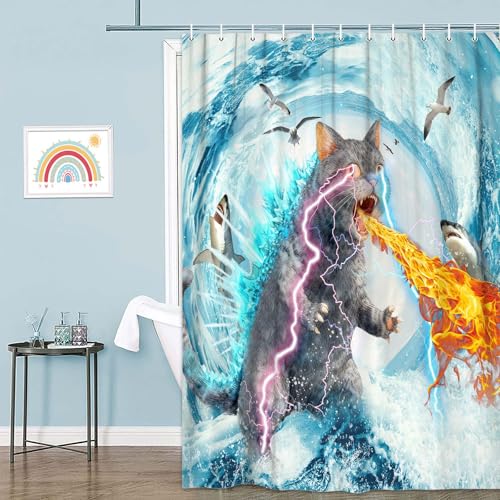 Image of Funny Cat Shower Curtain Set, Cute Fun Cat Blue Wave Animal Shark Ocean Theme Shower Curtain for Kids, Cool Cats Kids Home Bathroom Decor Polyester Waterproof Fabric Bath Curtain with 12 Hooks