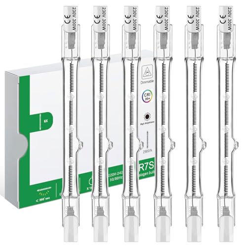 Jaenmsa R7S Halogenstab 118mm 300W, Halogen Leuchtmittel r7s 118mm, 6er Pack Deckenfluter Leuchtmittel 300W 230V 2700K Warmweiß, Baustrahler Birne Dimmbar für Landschaftsbeleuchtung