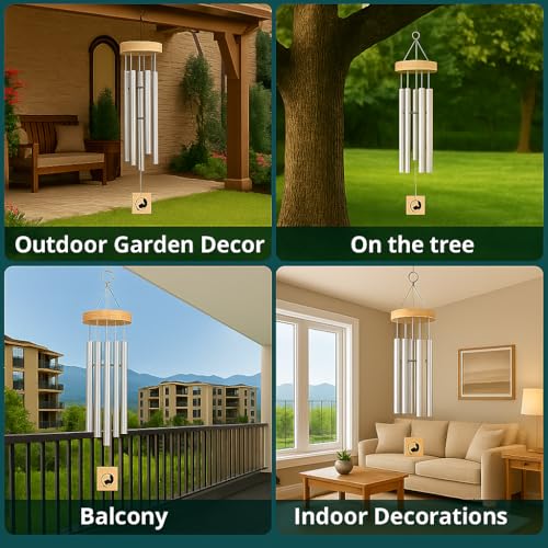 Image of 6 Pipe Wind Chimes for Home & Balcony - 28 Inch Aluminum Chime with Pleasant Soothing Tones | Positive Energy & Good Luck Outdoor Garden Decor | Housewarming Gift for Home & Patio (Silver)