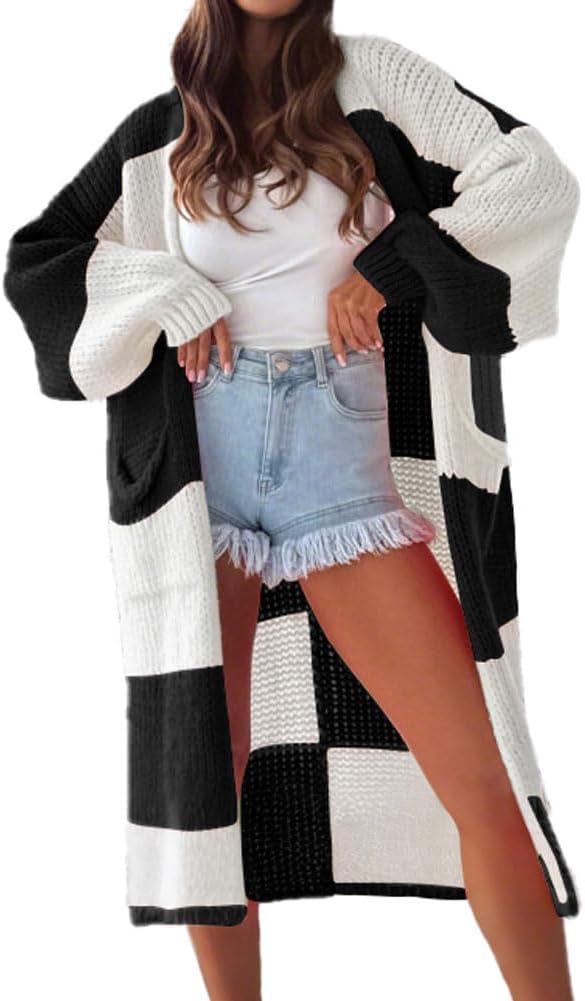chouyatou Women's Open Front Color Block Plaid Long Cardigan Coat Oversized Gingham Knitted Coatigan