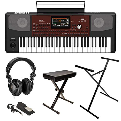 Korg Pa700 61 Keys Velocity Sensitive Professional Arranger Keyboard - Bundle With H&A Keyboard Stand/Bench Pack with Sustain Pedal, Turnstile Audio TAPH100 Studio Monitor Headphones