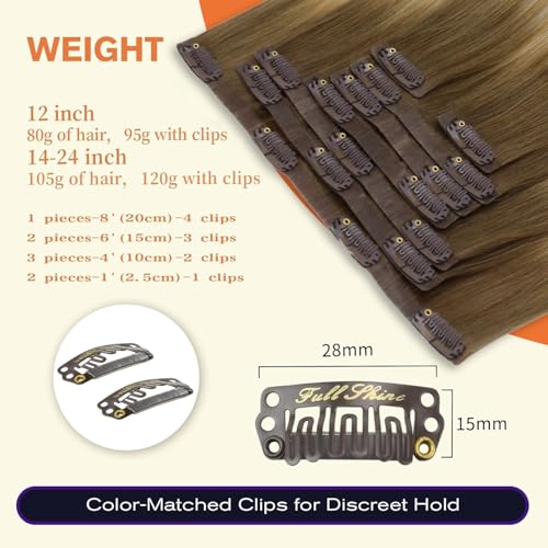 Image of Full Shine Human Hair Clip in Extensions, Light Brown Honey Blonde Balayage | Seamless Hair Extensions Clip ins, 16 Inch 120g 8 Pcs, Invisible Ultra-Thin PU Weft, Balanced Mid-Length Volume, Daily Wear