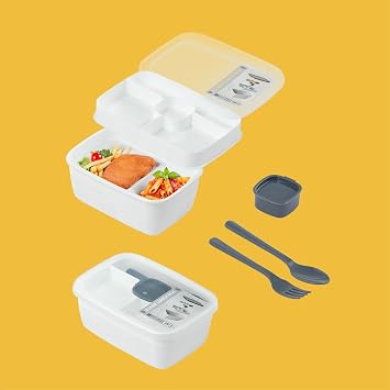 Porsima 3200 Vacuum Self-Spoon Split Nutrition Bag with Fork Sauce Bowl - Portable 2-Tier Lunch Box - Lunch Bowl 1200 Ml White