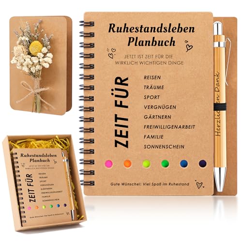 ZJTAPE Rentner Geschenk - Abschiedsgeschenk Kollegen, Renteneintritt Abschied Geschenk Notizbuch und Abschiedskarte mit Trockenblumenstrau, Lustige Ruhestand Geschenke für Mann Frau Kollege Freunde