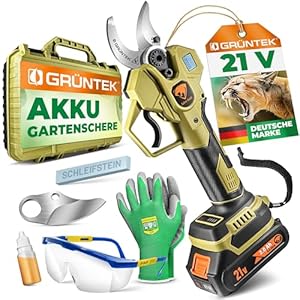 GRÜNTEK Akku Astschere 21V 2Ah Brushless, Elektrische Gartenschere Akku bis 30mm, 400W Bürstenloser Motor SK5 Klinge Makita-Kompatibel, Koffer Komplett-Set Baumschere Akkuschere