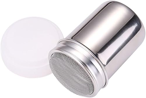 Coctelera de acero inoxidable en polvo y azúcar, sal y pimienta, condimentos y especias con tamiz de tapa para canela, cacao y palomitas de maíz