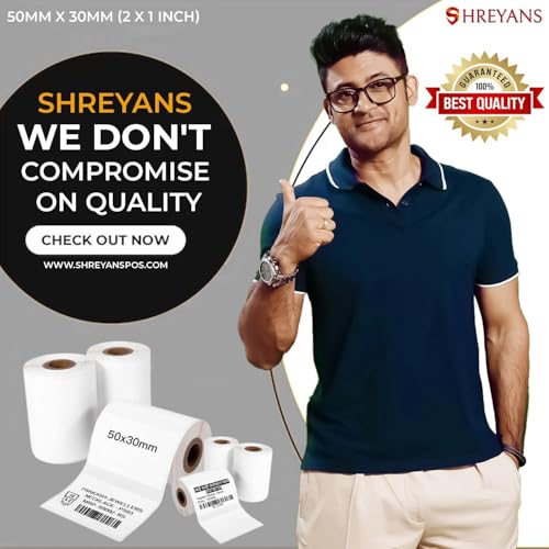 Image of Shreyans Direct Thermal Labels (Pack of 10, 50mm x 30mm - 500 Labels /Roll) - Non Tearable, Water Proof & Non Fade with Permanent Marking
