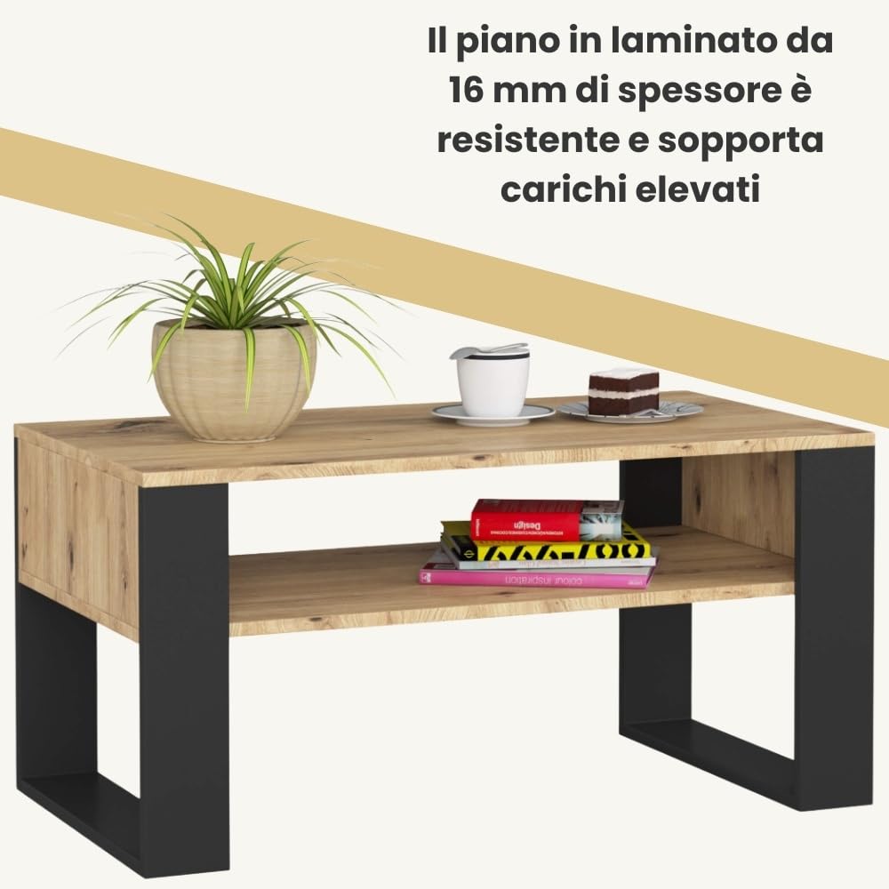 AKORD | Tavolino da Salotto in Legno - DOMI | Tavolo da Caffè con gambe un Ripiano | Coffee Table | Tavolini Basso Moderno | Arredamento Casa | 92 x 45 x 53 cm | Rovere Artigianale & Nero Frontale