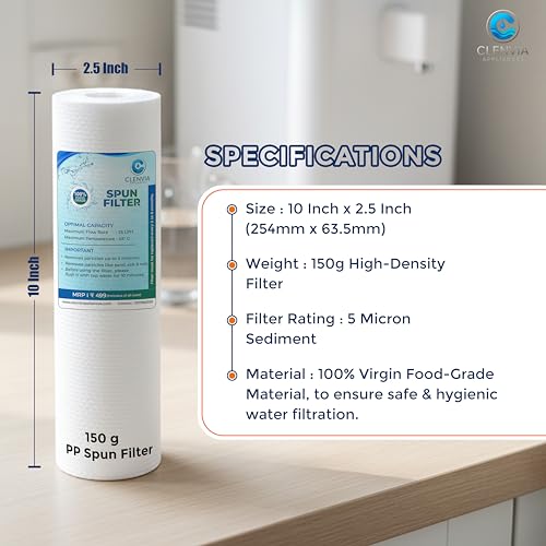 Image of 10 Inch 5 Micron PP Spun Filter for Water Purifier - 4 Pack + Pre-Filter Key (Spanner) | 150g High-Density | Food-Grade Material | Universal Fit | Compatible with 10 Inch Pre-Filter Housing