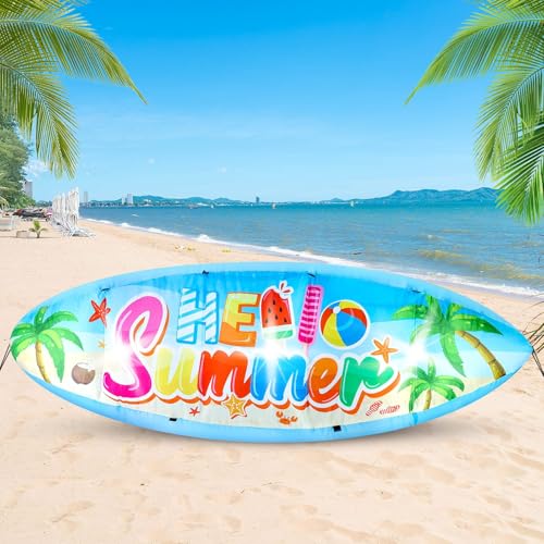 Eyourlife 5 FT Hello Summer Surfboard Inflatable, Outdoor Blow Up Yard Decoration with Built-in 3 LED Lights, Summer Luau Party Decorations for Pool Holiday Garden Lawn Patio Tropical Beach