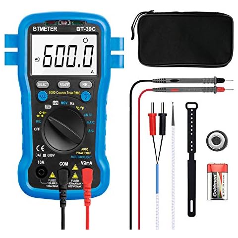 BTMETER BT-39C True RMS Multimeter, Auto Range Digital Avometer 6000 Counts Accurate Measures AC/DC Amps, Volts, Ohms, Capacitance,Frequency with Auto Backlight, NCV Temp Test Cover