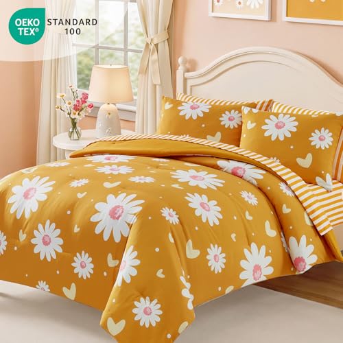 Image of Full Size Comforter Set for Girls Mustard Yellow Daisy 7 Pieces Bedding Set