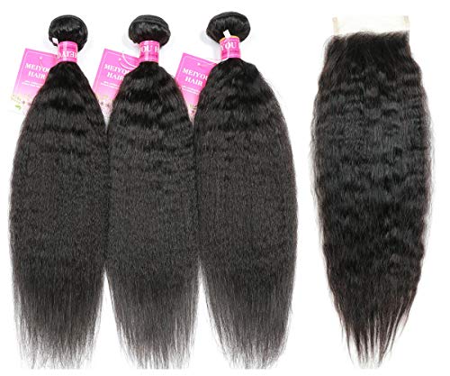 Mei You 8A Kinky Straight Hair 3 Bundles With Closure Yaki Human Hair Weave Unprocessed Brazilian Virgin Hair With 4x4 Lace Closure Free Part Natural Black (12.14.16+10)