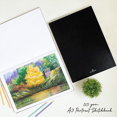Image of MENORAH Paper A5 - Sketch Book for Artist - 115 GSM (160 Pages / 80 Sheets) - Artist Drawing Book - (21.0Cm X 14.8Cm) - Hard Case Bound - Completely Handmade-Portrait- Black, Watercolor