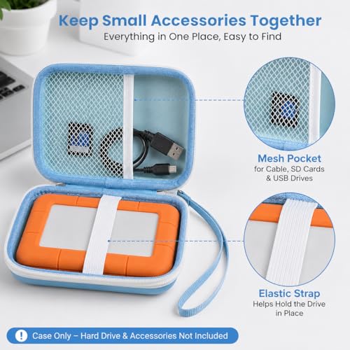 Image of ALKOO Case for LaCie Rugged Mini 1TB /2TB /4TB /5TB External Hard Drive | Portable HDD Holder, Cable Pocket, SD Card Storage, for Photographers, Creators, Students, Office, Travel, Case Only, Bule