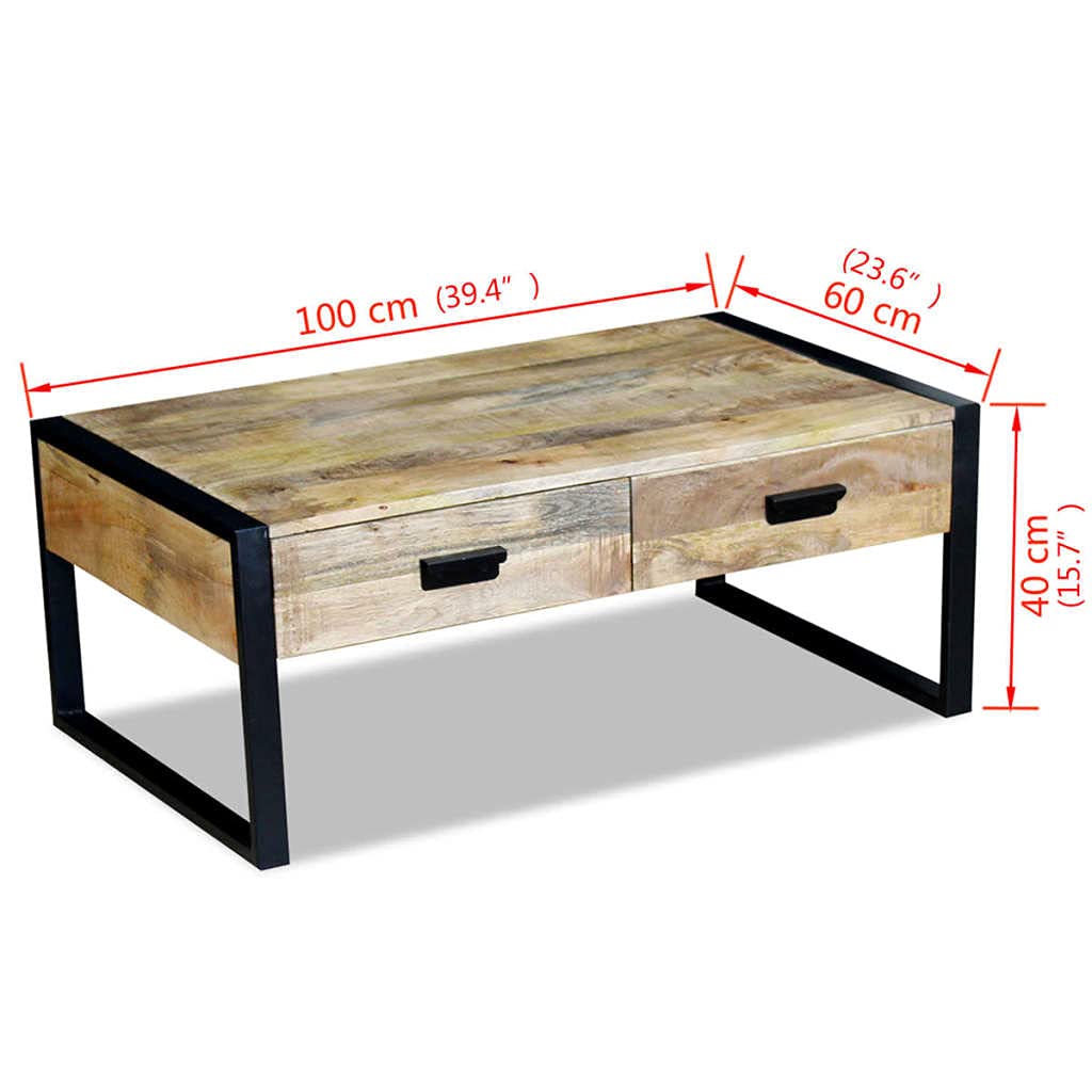 Couchtisch Massivholz Mango 100x60x40 cm - Rustikaler Wohnzimmertisch mit 2 Schubladen und Eisenbeinen, Retro Kaffeetisch aus Holz und Metall für das Wohnzimmer