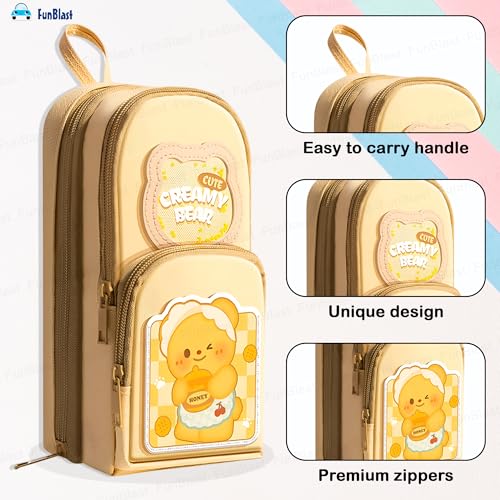 Image of FunBlast Pencil Pouch for Kids, Girls - Creamy Bear Design, Large Capacity Multipurpose Stationery Zipper Pouch for Kids & Adults, Kawaii Aesthetic Pencil Case Organizer (Multicolor)