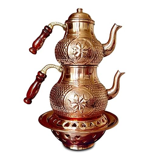 Copper Stovetop Teapot Set with Teapot Warmer, Tea Kettle for Stovetop, Authentic Style Honeycomb Pattern, Samovar, Kettle with Two Spare Wooden Handles