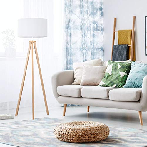 tomons Stehlampe LED Dimmbar aus Holz Dreibein, Skandinavischer Stil, Moderne Standleuchte für Wohnzimmer, Schlafzimmer, Arbeitszimmer, Hotel und Büro, Weiß